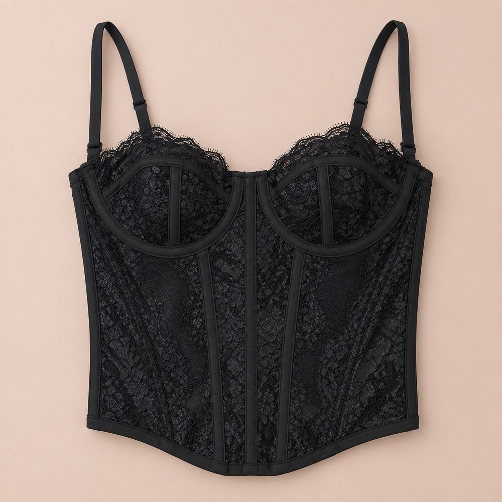 Bustier Corset Women's XS Black Lace Mesh Boning Whimsigoth Festival Coquette